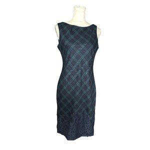 Talbots Wool Blend Plaid Sheath Dress Womens 6 Navy Green Lace Hem Sleeveless